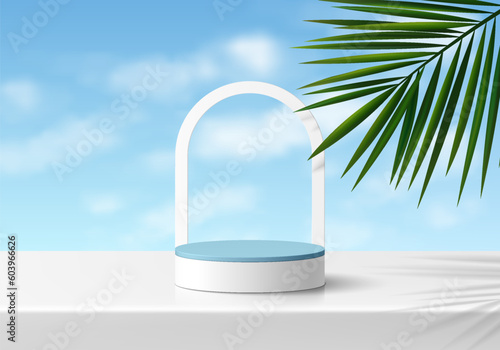 Realistic 3D blue, white cylinder pedestal podium background with blue sky and palm leaf. Wall minimal scene mockup products stage showcase, Cosmetic promotion display. Abstract vector empty platform.