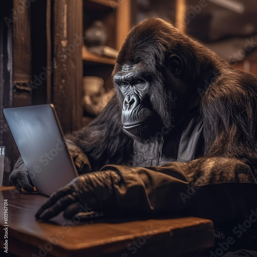 Image of business gorilla dressed in a suit sitting in a bar and working on the laptop. Anthropomorphism