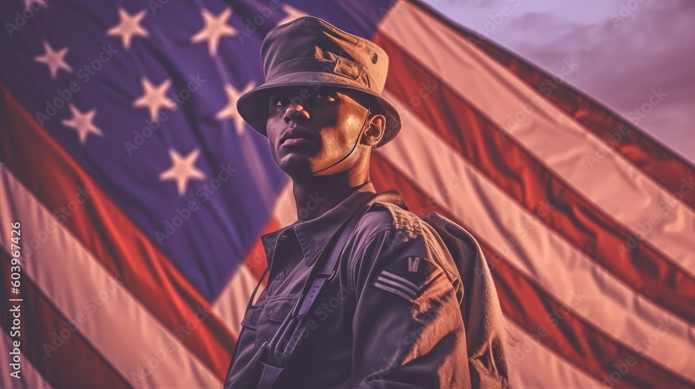 Naklejka premium Illustration for Independence Day of the United States, July 4th - Soldier with American flag under a beautiful sun. Generative AI