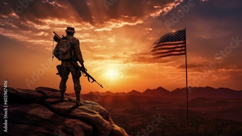 Illustration for Independence Day of the United States, July 4th - Soldier with American flag under a beautiful sun. Generative AI