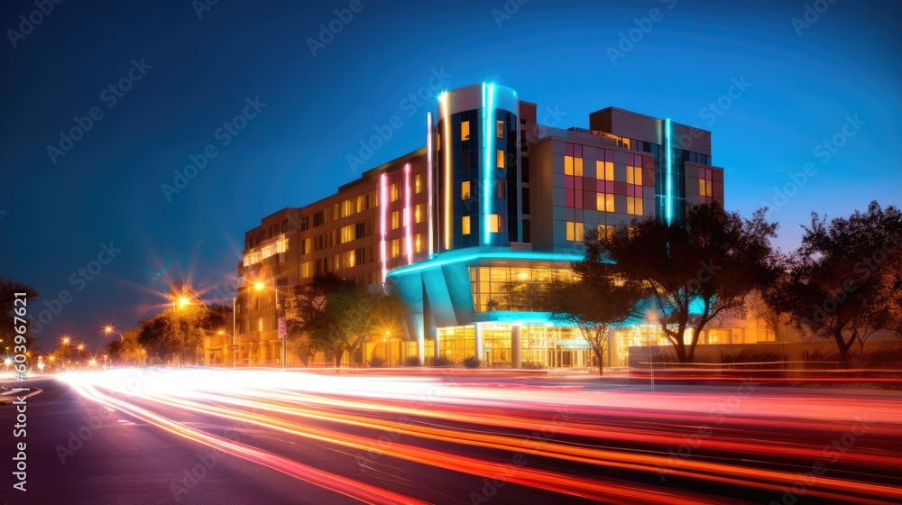 Hospital building at night, with the warm glow of lights shining through the windows. Long exposure. Generative AI Hospital building at night, with the warm glow of lights shining through the windows. Long exposure. Generative AI