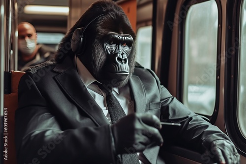 Image of a gorilla dressed in suit traveling by train and using the smartphone. Anthropomorphism