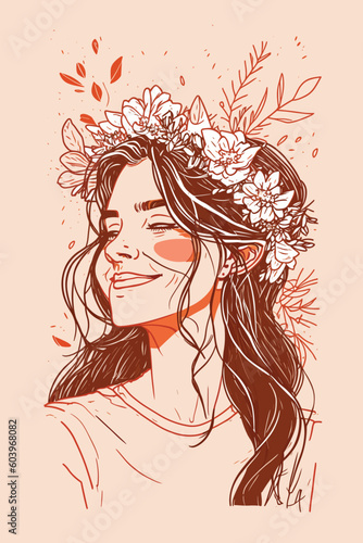 Woman Festival Hippy Boho Happy Flower Crown Illustration