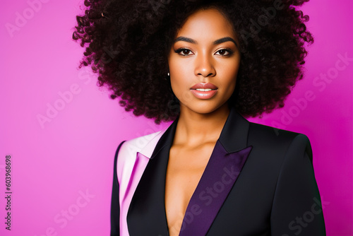 A woman with an afro standing in front of a pink background