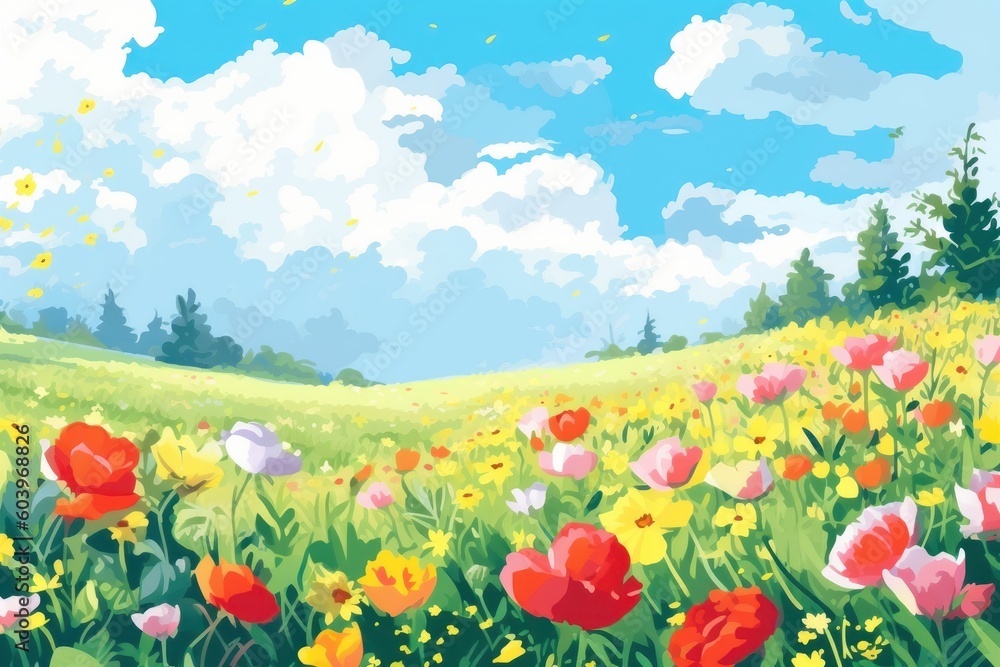 Fototapeta premium Meadow with flowers at spring time. Beautiful illustration picture. Generative AI