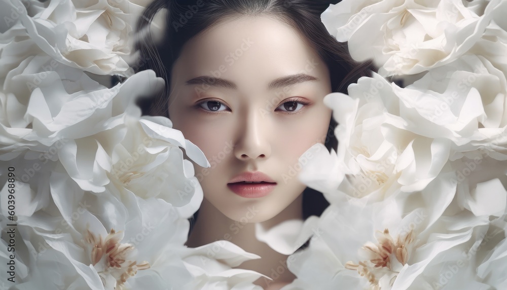 White flowers. Close up view of a beautiful woman with abstract objects. Beautiful illustration picture. Generative AI White flowers. Close up view of a beautiful woman with abstract objects. Beautiful illustration picture. Generative AI