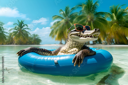 Happy crocodile enjoying life on the inflatable mattress in ocean with clear transparent water with palm trees on background. AI generative photo