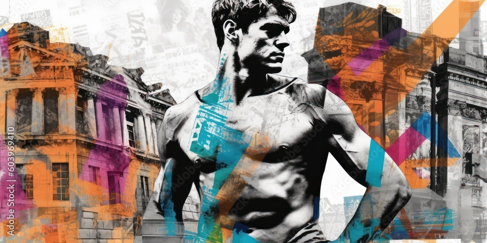 Fototapeta premium Muscular bodybuilder. Contemporary art collage. Beautiful illustration picture. Generative AI