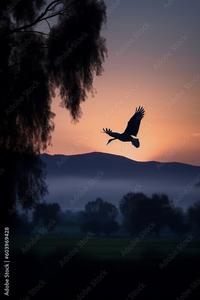 Fototapeta premium Silhouette of a large bird taking off during sunset