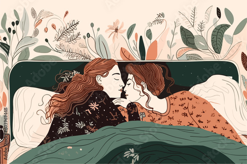 Cosy Couple in Bed Colorful Illustration