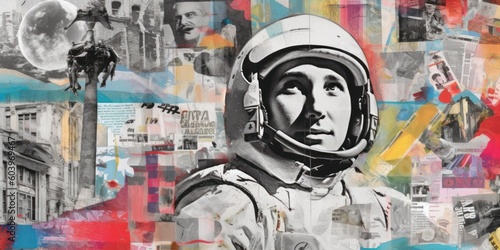 Cosmonaut in space suit. Contemporary art collage. Beautiful illustration picture. Generative AI