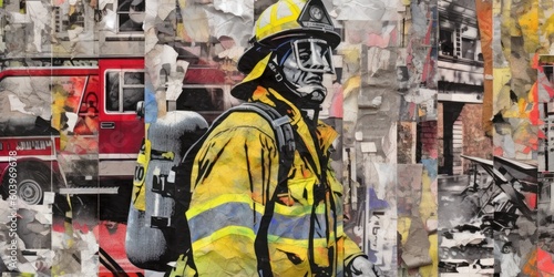 Firefighter with equipment. Contemporary art collage. Beautiful illustration picture. Generative AI