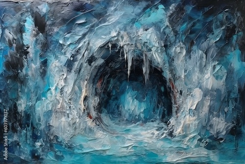 Painting of a hidden, magical ice cave with shimmering blue walls and icicles. Created with Generative AI technology.