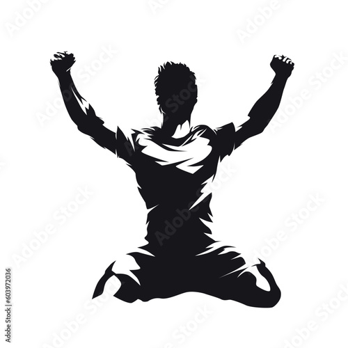 Footballer celebrates a goal, gets down on his knees and clenches his fists. Soccer player celebrating a goal, isolated vector silhouette
