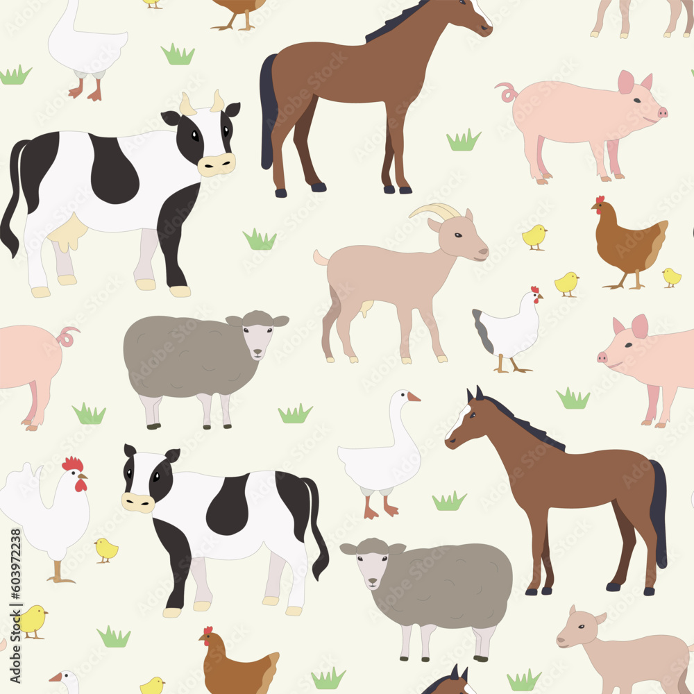 Cartoon farm animals pattern, cow, pig, horse, sheep. goat, chicken, goose, poultry, flat style set with domestic animals. Vector background for kids