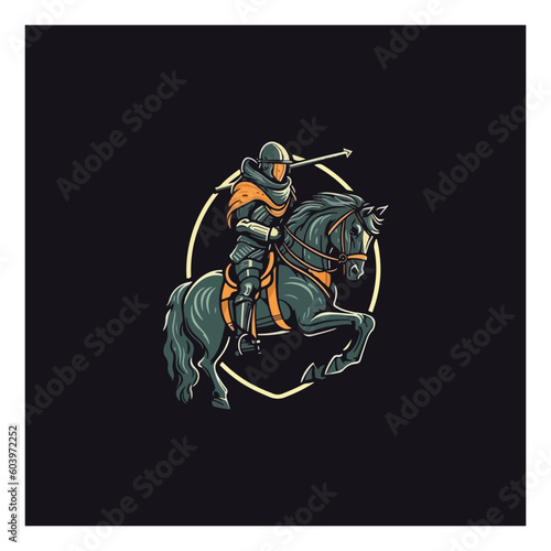 Knight on horse logo. Horseman with sword .Medieval armored swordsman on horseback .
