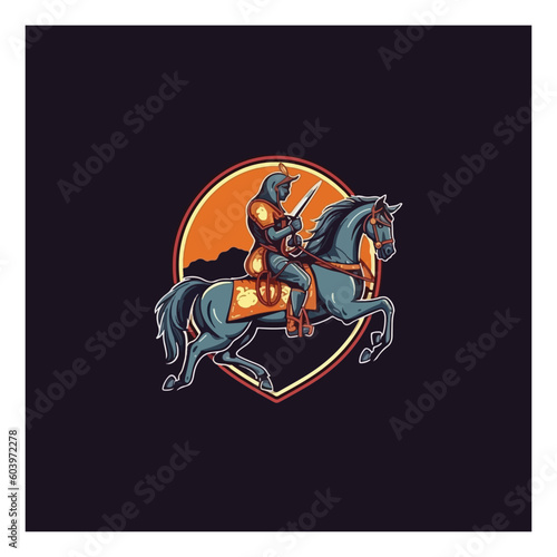 Knight on horse logo. Horseman with sword .Medieval armored swordsman on horseback .