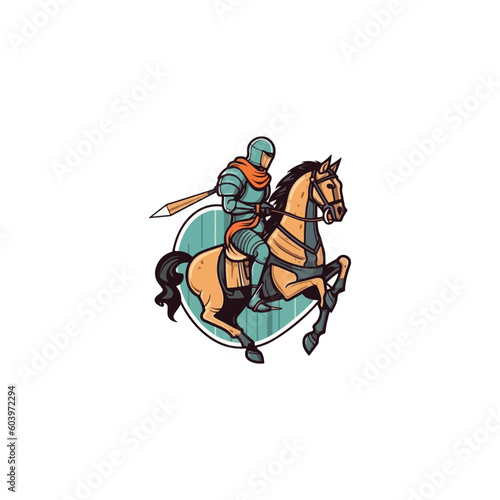 Knight on horse logo. Horseman with sword .Medieval armored swordsman on horseback .
