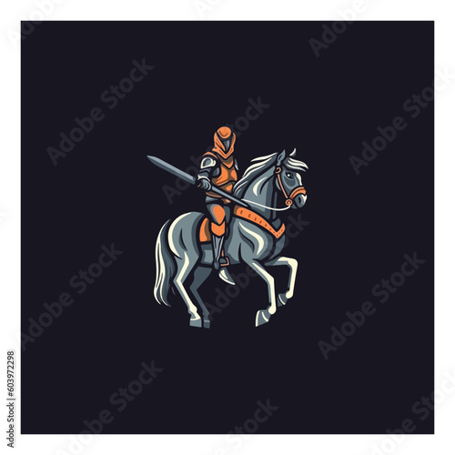 Knight on horse logo. Horseman with sword .Medieval armored swordsman on horseback .