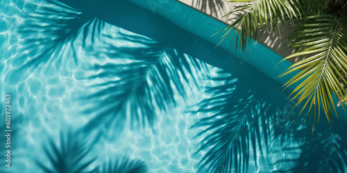 Summer tropical background. Swimming pool with tropical leaf shadow. Generative ai