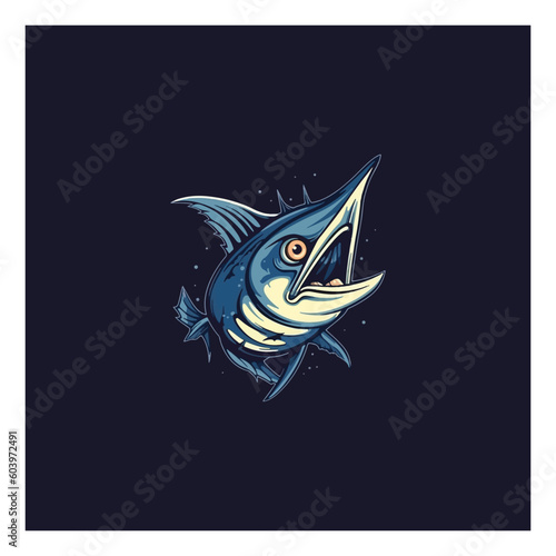 Cartoon marlin fish mascot catches fishing bait.