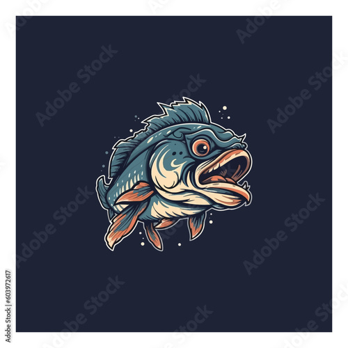 Sea bass mascot catches fishing bait.