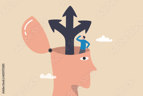 Decision to choose choice, option or opportunity, challenge to select career path, decide business direction, thinking for solution or doubt concept, businessman decide way of success in his own head.