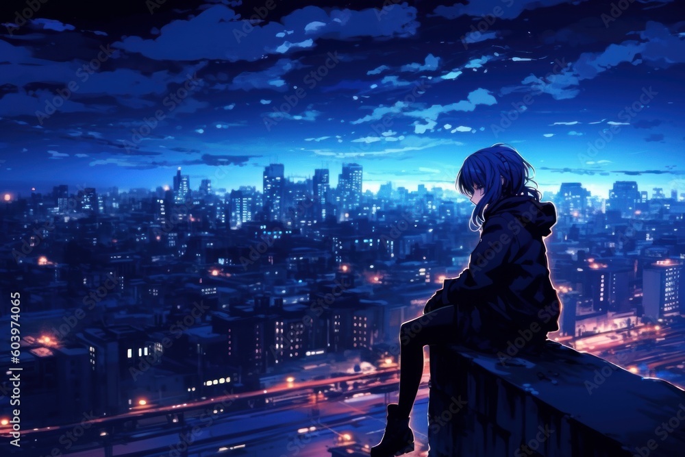 Fototapeta premium Cute little girl is sitting and looking at city. Nightcore style. Beautiful illustration picture. Generative AI