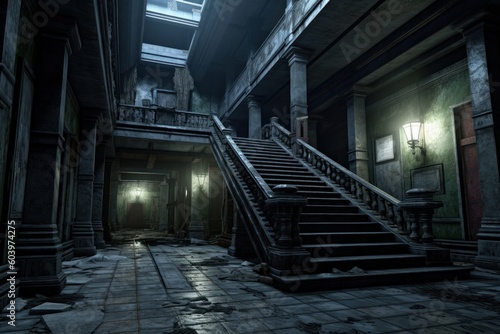 Creepy interior of asylum at night. Beautiful illustration picture. Generative AI