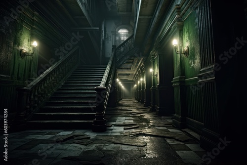 Creepy interior of asylum at night. Beautiful illustration picture. Generative AI photo