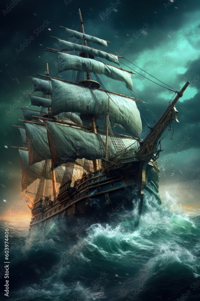 Pirate ship is in the ocean during heavy storm, dramatic sky. Beautiful illustration picture. Generative AI
