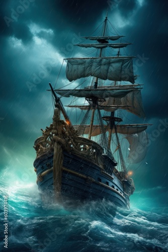 Pirate ship is in the ocean during heavy storm, dramatic sky. Beautiful illustration picture. Generative AI