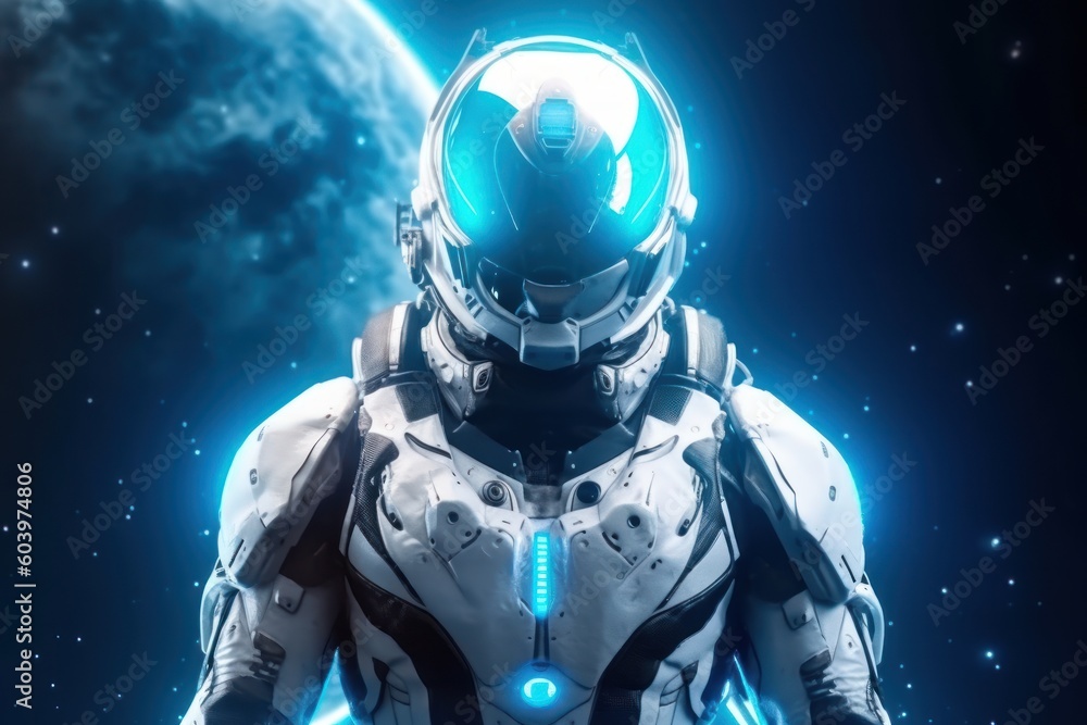 Fototapeta premium Space suit in the space against blue planet. Beautiful illustration picture. Generative AI