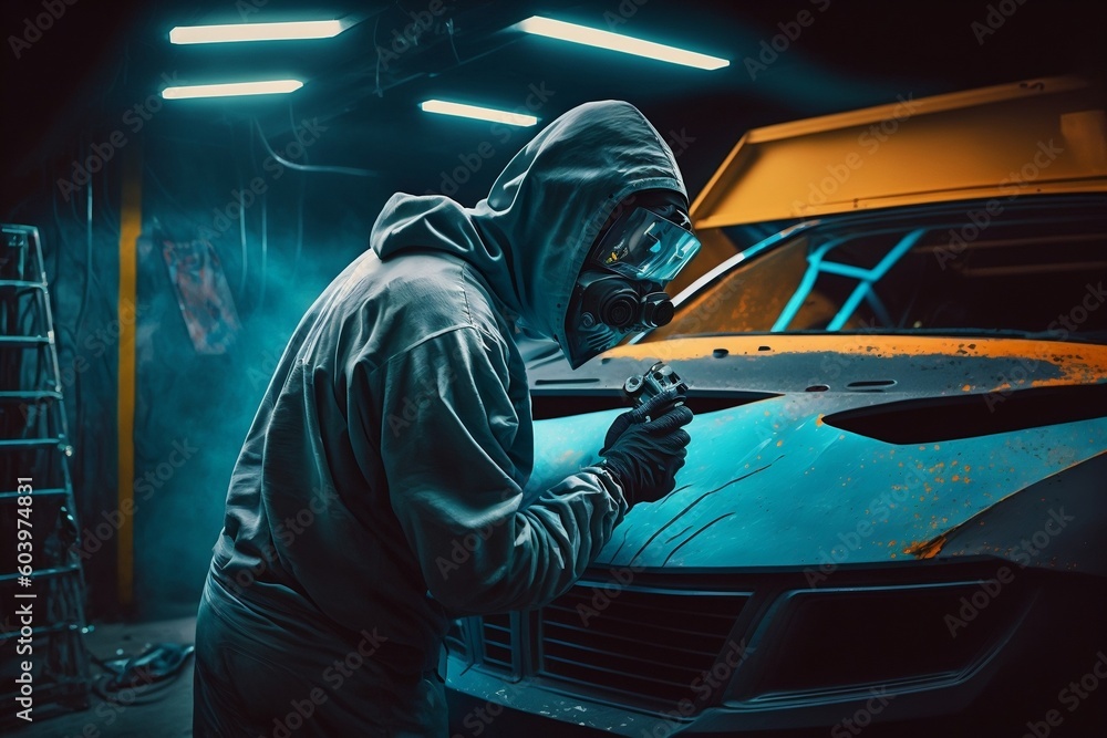 Car Painter in Action Spraying Paint in Painting Chamber. AI