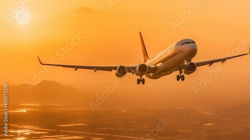 The plane fly toward the setting sun. Beautiful illustration picture. Generative AI