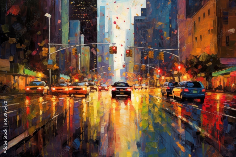 Vibrant oil painting of the modern city road with cars. Beautiful illustration picture. Generative AI