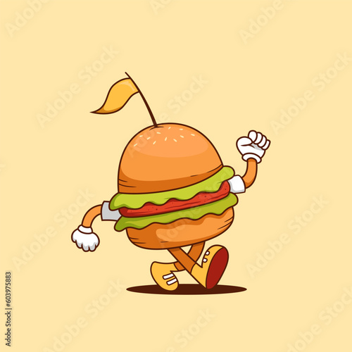 walking burger cartoon illustration, retro burger cartoon mascot vector illustration in walk pose happily