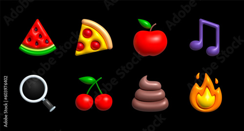 Collection emoji inflatable style of isolated realistic 3D. Set of 3d neon color cute graphic decorations in shapes of watermelon, pizza, apple, note, magnifying glass, cherry, poop, fire