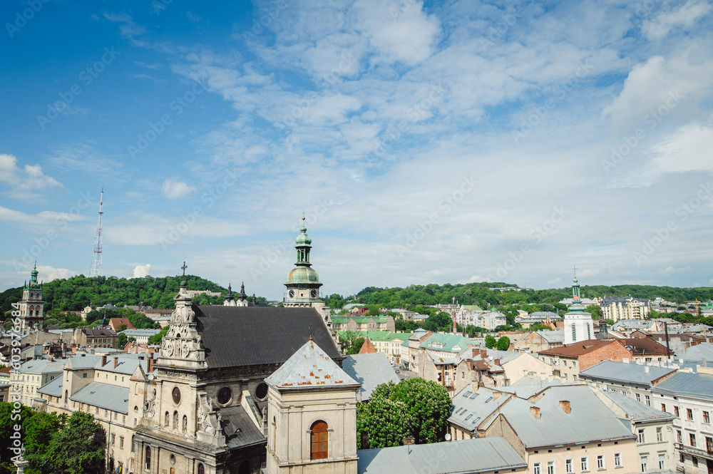 Lviv, aerial view from city hall. View of the roofs of a medieval city. View of Lviv city, Ukraine. Old town roofs in Gothic style.