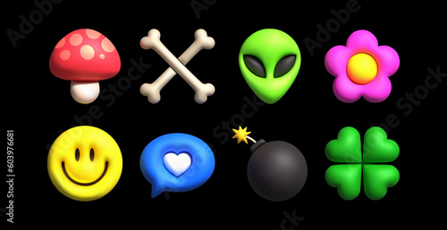 Y2K and emoji style. Set of 3d neon color cute graphic decorations in shapes of mushroom, bones, alien, flower, smile, heart, bomb, clover