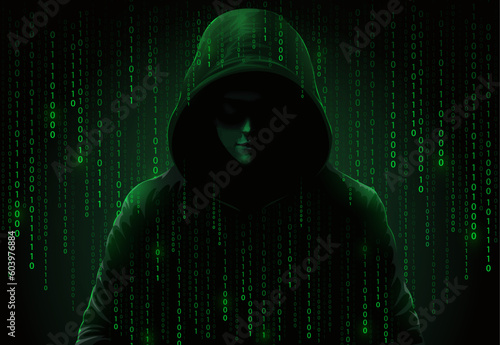 Computer hacker in hoodie. Obscured dark face. Data theft, internet fraud, darknet and cyber security concept. Hacker on screen background with binary code