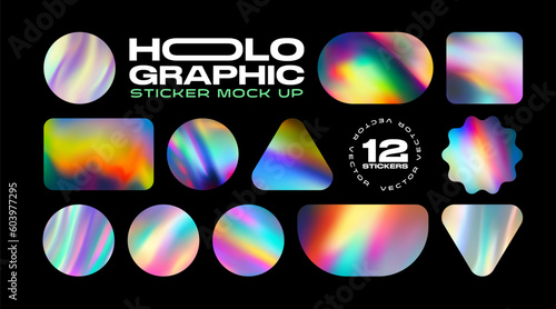 Holographic stickers pack mockup. Hologram labels of different shapes. Sticker shapes for design mockups. Holographic textured stickers for preview tags, labels. Vector illustration