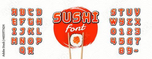 Sushi font. Letters and number in the form sushi, rolls. Font for sushi bar. Alphabet and number Japanese style. Salmon texture. Vector Illustration