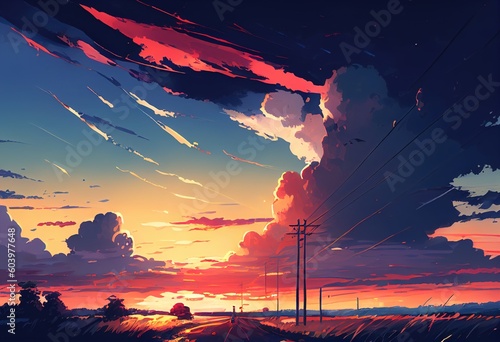 Afternoon sunset sky with clouds. Anime background. Beautiful colorful sunset sky landscape background. Generative AI technology.
