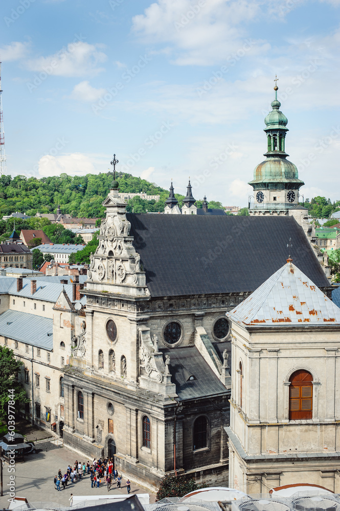 Lviv, aerial view from city hall. View of the roofs of a medieval city. View of Lviv city, Ukraine. Old town roofs in Gothic style.