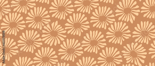 Hand Drawn Irregular Floral Seamless Vector Pattern. Ivory Tropical Flowers Isolated on a Caramel Brown Background. Simple Abstract Garden Repeatable Design. Floral Endless Print ideal for Fabric.