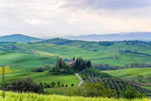 Views on the farmhouses and villas on the hills of the Orcia Valley near San Quirico d Orcia