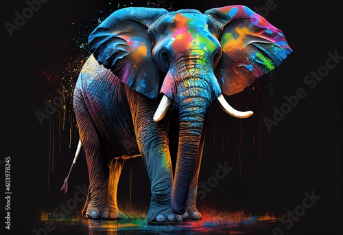 Painted elephant with paint splash painting technique on black background. Generative AI.
