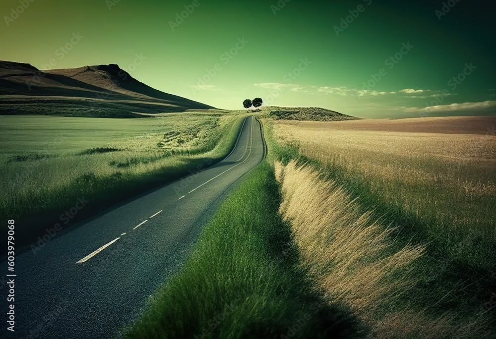 Endless road along green grassland. Generative AI.