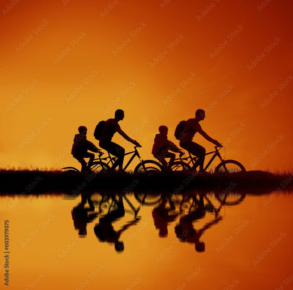 four 4 bikers - men and girls. couple of black silhouette of fathers and daughters in sunrise isolated on yellow sky background. empty Space for inscription. fresh grass. reflection on water of sea.